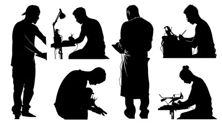 Tattoo Artist Using an Armrest for Stability Silhouettes isolated on plain white background.のイラスト素材