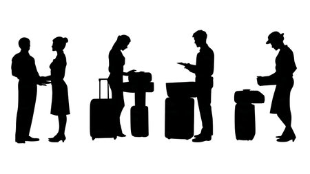 Airport Baggage Claim Agent Assisting Passengers Silhouettes Set isolated on plain white background.のイラスト素材