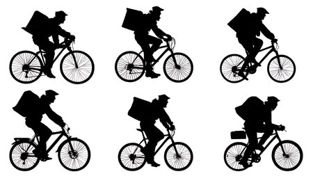 Dynamic Bicycle Courier in City Traffic Silhouettes Collection isolated on plain white background.のイラスト素材