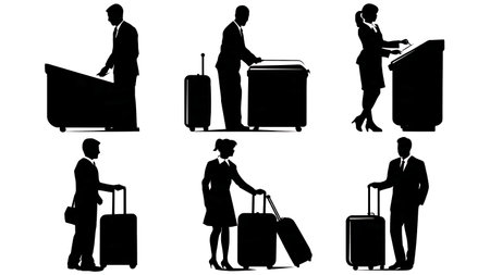 Airport Baggage Claim Agent Assisting Passengers Silhouettes Set isolated on plain white background.のイラスト素材