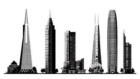 Famous American Skyscraper Landmark Silhouettes isolated on plain white background.のイラスト素材