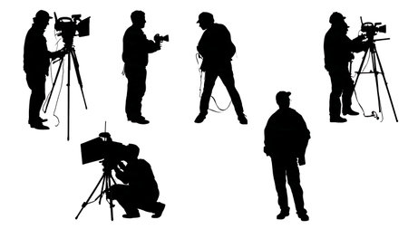 Celebrity Tattoo Artist Being Filmed for a TV Show Silhouettes isolated on plain white background.のイラスト素材