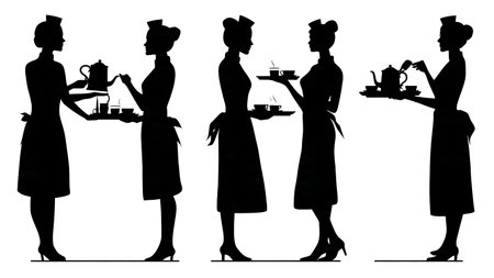 Flight Attendant Beverage Service with Coffee Pot Silhouettes isolated on plain white background.のイラスト素材