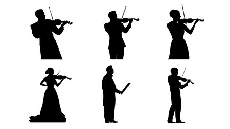 Audience Perspective View of a Violinist on Stage Silhouettes isolated on plain white background.のイラスト素材