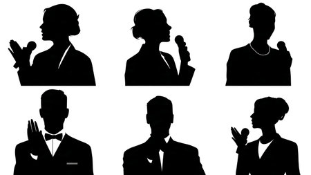 Set of Six Cabin Crew Making Inflight Announcements Silhouettes isolated on plain white background.のイラスト素材