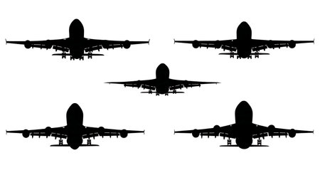 Cargo Airplane in Various Flight Poses Silhouettes Pack isolated on plain white background.のイラスト素材