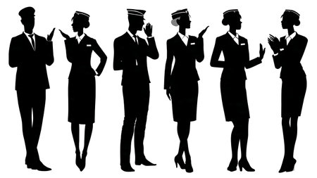 Cabin Crew Reassuring Anxious Passenger Silhouettes Set isolated on plain white background.のイラスト素材