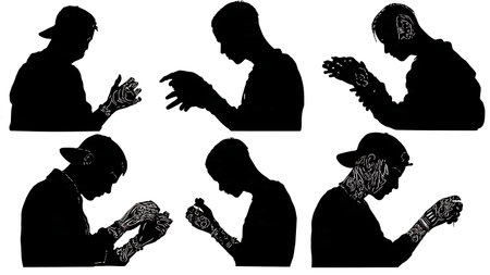 Artist Creating a Biomechanical Tattoo Silhouettes Set isolated on plain white background.のイラスト素材