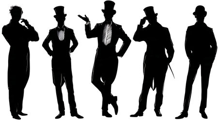 Circus Ringmaster Introducing an Act Silhouettes Set isolated on plain white background.のイラスト素材