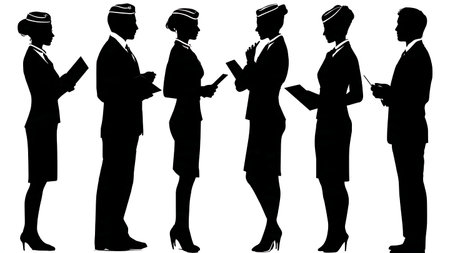 Set of Six Cabin Crew in Pre-Flight Briefing Huddle Silhouettes isolated on plain white background.のイラスト素材