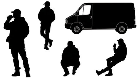 Relaxed Courier on a Work Break Silhouette Collection isolated on plain white background.のイラスト素材