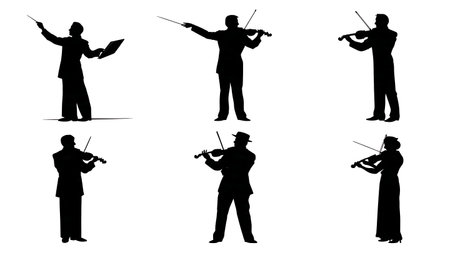 Conductor Directing a Violinist Silhouette Interaction Set isolated on plain white background.のイラスト素材