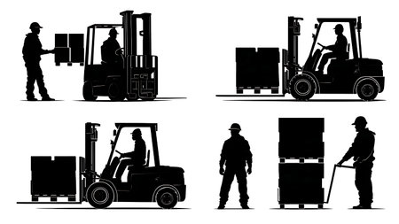 Airport Cargo Handler with Forklift Silhouettes Collection isolated on plain white background.のイラスト素材