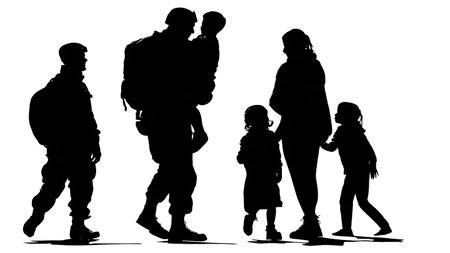 Lost Child Reunited with Parent by a Rescuer Silhouettes isolated on plain white background.のイラスト素材