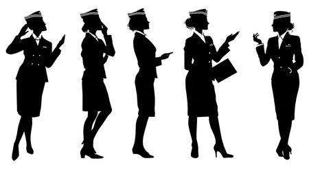 Cabin Crew Reassuring Anxious Passenger Silhouettes Set isolated on plain white background.のイラスト素材