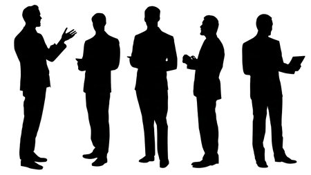 CEO Presenting a New Product at a Launch Event Silhouettes isolated on plain white background.のイラスト素材