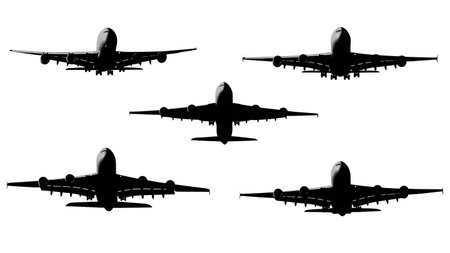 Cargo Airplane in Various Flight Poses Silhouettes Pack isolated on plain white background.のイラスト素材