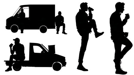 Relaxed Courier on a Work Break Silhouette Collection isolated on plain white background.のイラスト素材