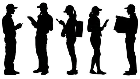 Courier Providing a Delivery Update to a Customer Silhouettes isolated on plain white background.のイラスト素材