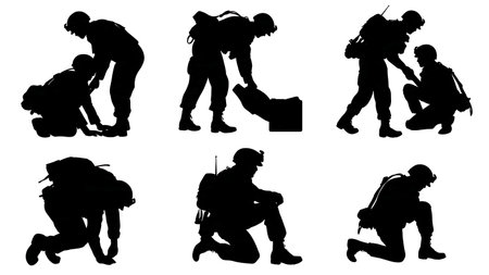 Combat Medic Treating a Wounded Soldier on the Battlefield Silhouettes isolated on plain white background.のイラスト素材