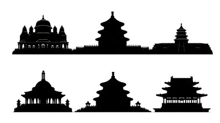 Historic and Cultural Chinese Landmark Silhouettes Set isolated on plain white background.のイラスト素材