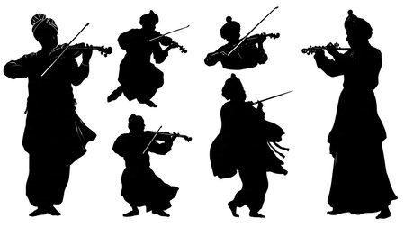 Cultural and World Music Violinist Silhouettes Set isolated on plain white background.のイラスト素材