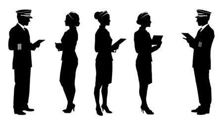 Set of Six Flight Attendant Teamwork Silhouettes isolated on plain white background.のイラスト素材