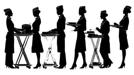 Set of Six Cabin Crew Preparing Galley for Service Silhouettes isolated on plain white background.のイラスト素材