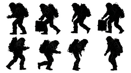 Bomb Disposal Expert in a Blast Suit Silhouettes Set isolated on plain white background.のイラスト素材