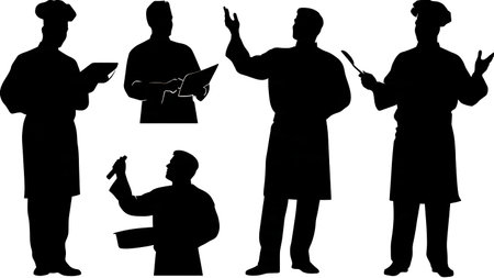 Chef Speaking During a Cooking Demonstration Silhouettes isolated on plain white background.のイラスト素材