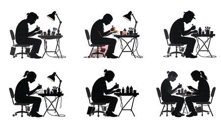 Tattoo Artist at a Charity Flash Day Event Silhouettes isolated on plain white background.のイラスト素材