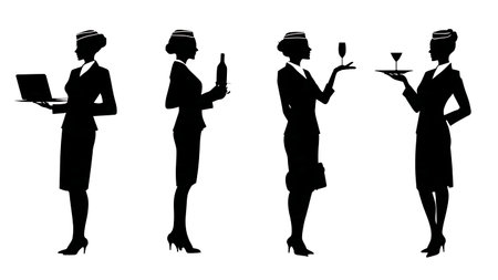 Set of Six Black Solid Female Flight Attendant Silhouettes in Action isolated on plain white background.のイラスト素材