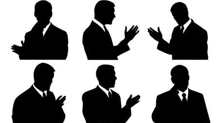 Calm and Composed Speaker with Minimal Gestures Silhouettes isolated on plain white background.のイラスト素材