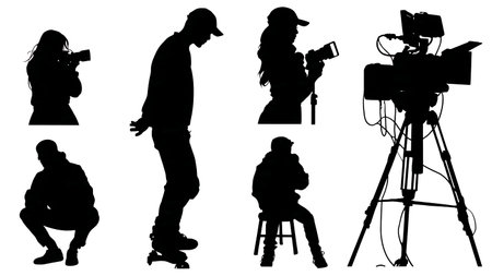 Celebrity Tattoo Artist Being Filmed for a TV Show Silhouettes isolated on plain white background.のイラスト素材