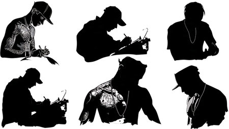 Tattoo Artist Working on a Client's Chest Piece Silhouettes isolated on plain white background.のイラスト素材