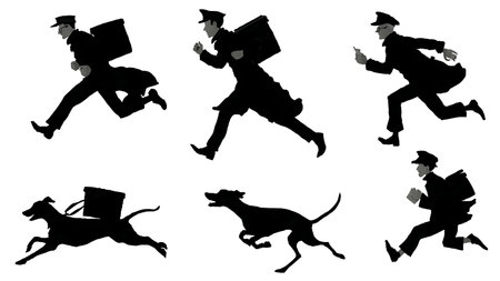 Humorous Scene of a Courier Being Chased by a Dog Silhouettes isolated on plain white background.のイラスト素材