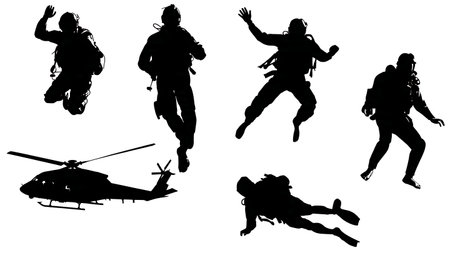 Coast Guard Rescue Swimmer in Action Siloutines Set isolated on plain white background.のイラスト素材
