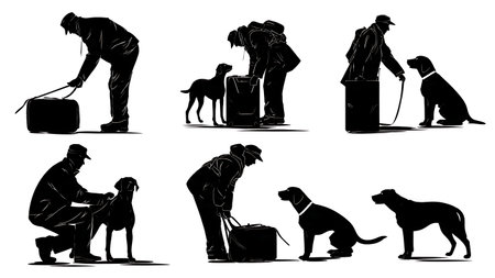 Airport Customs Sniffer Dog and Handler Team Silhouettes isolated on plain white background.のイラスト素材