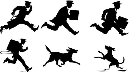 Humorous Scene of a Courier Being Chased by a Dog Silhouettes isolated on plain white background.のイラスト素材
