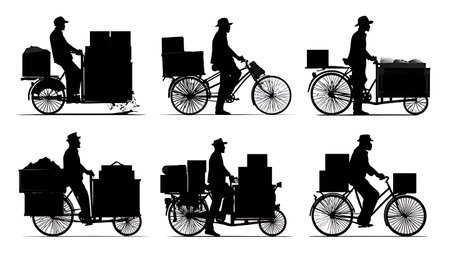 Cargo Bike and Cycle Rickshaw Loading Silhouettes Set isolated on plain white background.のイラスト素材