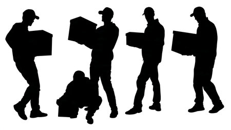 Contactless Doorstep Package Delivery Silhouettes Set of Six isolated on plain white background.のイラスト素材