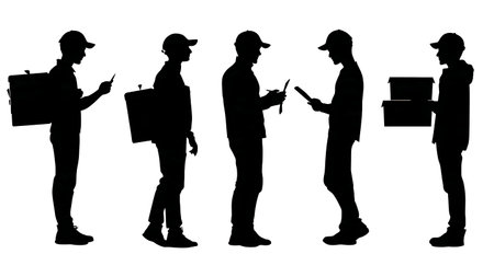 Courier Providing a Delivery Update to a Customer Silhouettes isolated on plain white background.のイラスト素材
