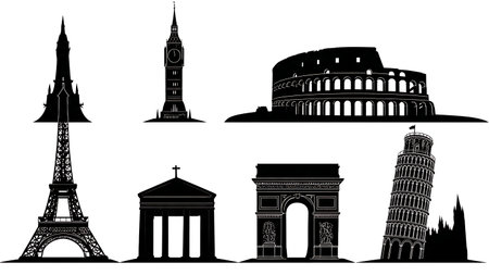 Black Solid European Landmark Silhouettes Set of Six isolated on plain white background.のイラスト素材