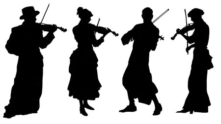 Famous Art of a Violinist Reimagined as Silhouettes isolated on plain white background.のイラスト素材