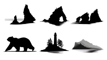 Canadian Nature and Provincial Landmark Silhouettes isolated on plain white background.のイラスト素材