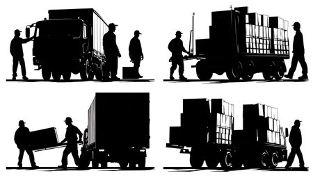 Busy Delivery Depot and Logistics Hub Scene Silhouettes isolated on plain white background.のイラスト素材