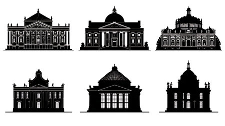 World Famous Library Landmark Silhouettes Set isolated on plain white background.のイラスト素材