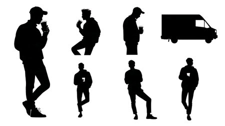 Relaxed Courier on a Work Break Silhouette Collection isolated on plain white background.のイラスト素材