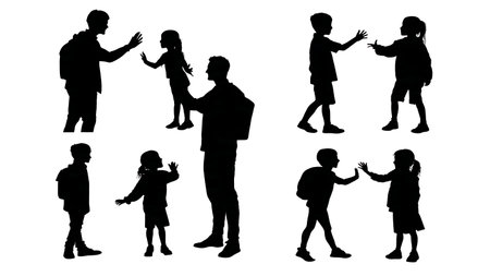 Courier Giving a High-Five to a Happy Child Silhouettes isolated on plain white background.のイラスト素材