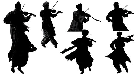 Cultural and World Music Violinist Silhouettes Set isolated on plain white background.のイラスト素材